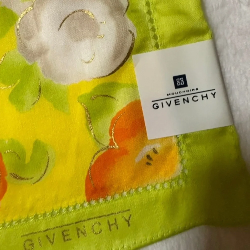 Vtg GIVENCHY Scarf Handkerchief Floral Lime Green Orange 18.5